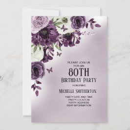 80歳の誕生日おめでとう 紫と白のお花と蝶々 招待状