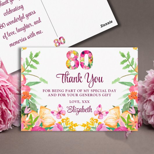 80歳の誕生日おめでとう 花と蝶のギフト ポストカード