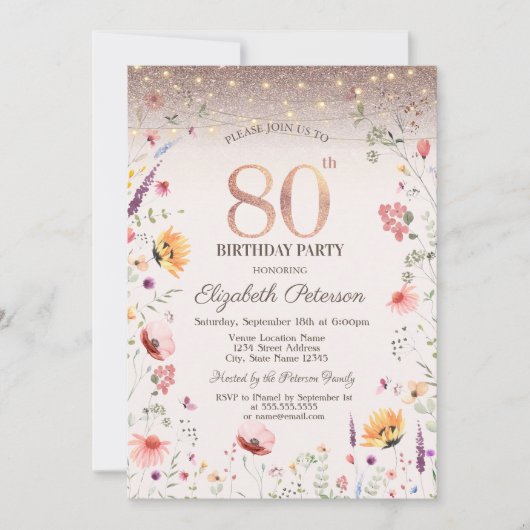80歳の誕生日おめでとう 野の花のスパンコール・ストリングライト   招待状 (正面)