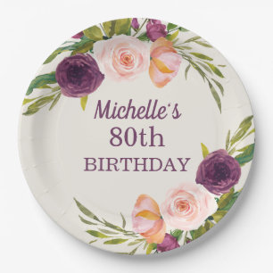80歳の誕生日おめでとう Purple Blush Pink 花柄 ペーパープレート