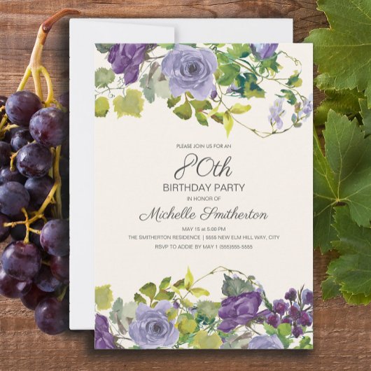 80歳の誕生日おめでとう Purple Floral Green Leaves 招待状