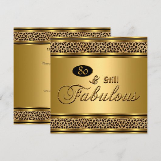 80歳の誕生日おめでとう"Still Fabulous" ゴールドヒョウ柄画像 招待状 (正面/裏面)