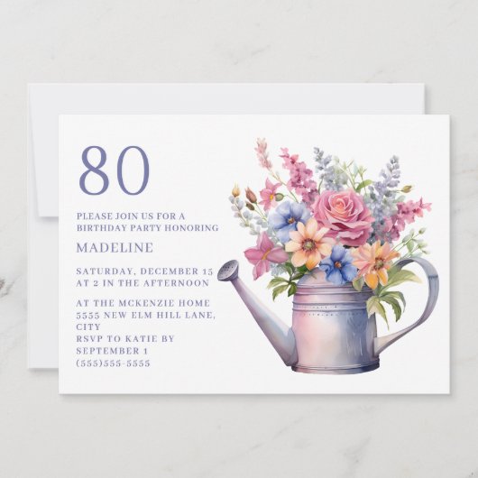 80歳の誕生日お祝いにピーチパープルの花のじょうろ 招待状 (正面)