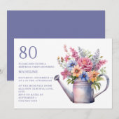 80歳の誕生日お祝いにピーチパープルの花のじょうろ 招待状 (正面/裏面)