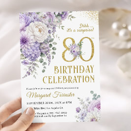80歳の誕生日お祝いゴールドパープルフラワーレガシー 招待状
