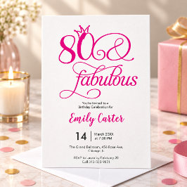 80歳の誕生日お祝いパーティー用「Eighty & Fabulous」ピンクの文字 招待状