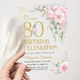 80歳の誕生日お祝いフラワー ブラッシュピンク&ゴールド サプライズ アクリル招待状