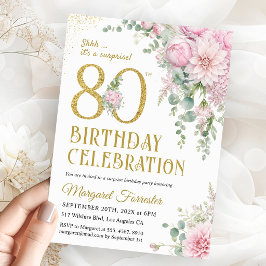 80歳の誕生日お祝いフラワー ブラッシュピンク&ゴールド サプライズ 招待状