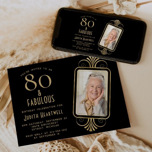 80歳の誕生日お祝い アールデコ ブラック 80歳の誕生日パーティー 招待状