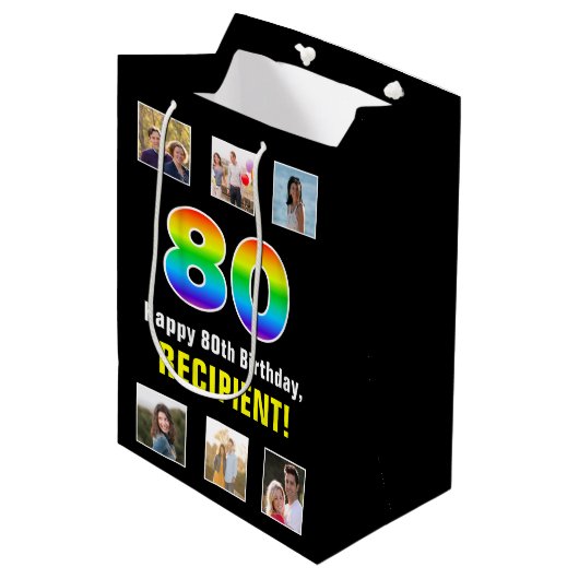 80歳の誕生日お祝い:虹色の「80」とカスタム写真と名前 ミディアムペーパーバッグ (正面アングル)