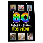 80歳の誕生日お祝い:虹色の「80」とカスタム写真と名前 ミディアムペーパーバッグ (正面)
