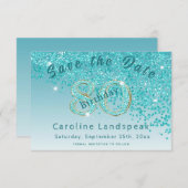 80歳の誕生日におすすめのターコイズブルーのグリッターカード セーブザデート (正面/裏面)