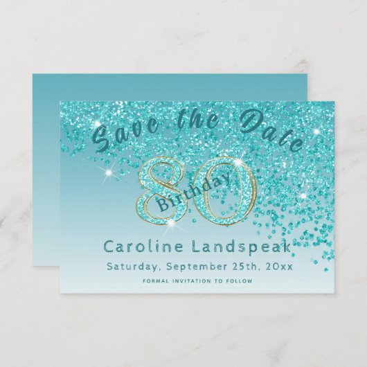 80歳の誕生日におすすめのターコイズブルーのグリッターカード セーブザデート (正面/裏面)