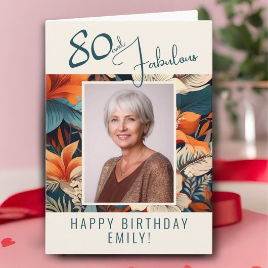 80歳の誕生日にお花の模様の写真 カード