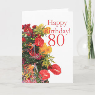80歳の誕生日に赤い黄色の花束 カード