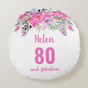 80歳の誕生日のピンクフローラの丸枕 ラウンドクッション