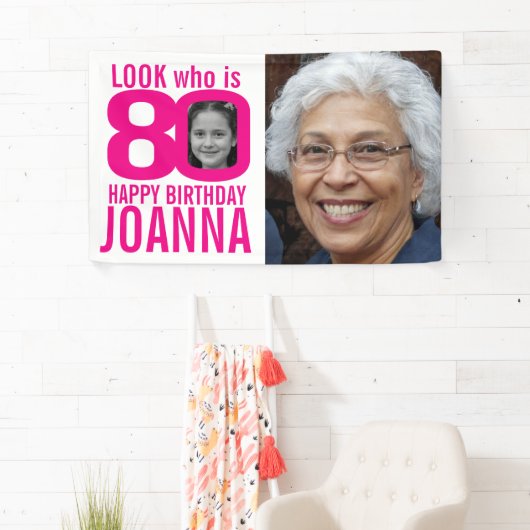 80歳の誕生日のピンク色の写真80カスタム枚目の時 横断幕 (インサイチュ)