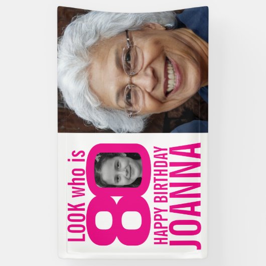 80歳の誕生日のピンク色の写真80カスタム枚目の時 横断幕 (縦)