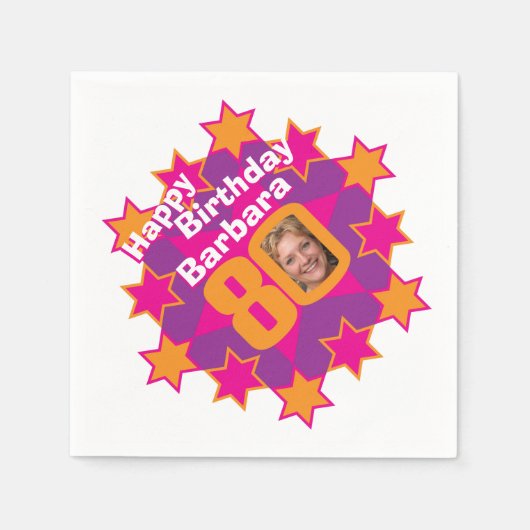80歳の誕生日の写真と名前ピンクスターナプキン スタンダードカクテルナプキン (正面)