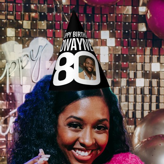 80歳の誕生日の写真パーソナライズされた白い黒 パーティーハット