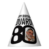 80歳の誕生日の写真パーソナライズされた白の黒モノ パーティーハット (正面)
