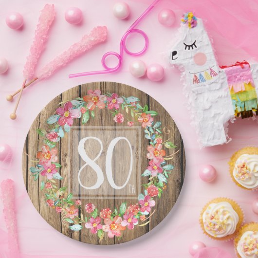 80歳の誕生日の田舎の木の水彩の花 ペーパープレート (パーティー)