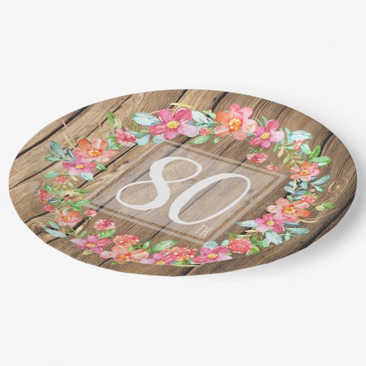 80歳の誕生日の田舎の木の水彩の花 ペーパープレート (アングル)