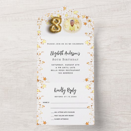 80歳の誕生日の白い金ゴールド星写真パーティーRSVP オールインワン招待状 (内側)