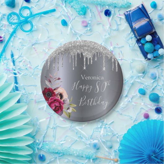 80歳の誕生日の銀のグリッタードリップ花バーガンディ ペーパープレート (パーティー)