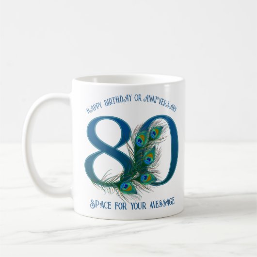 80歳の誕生日または記念日のクジャクの羽 コーヒーマグカップ (左)