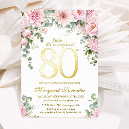 80歳の誕生日をお祝いするピンクの花とリアルゴールド 箔招待状