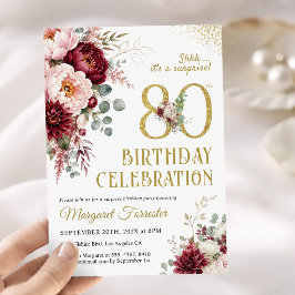 80歳の誕生日をお祝いする高級感のあるブルゴーニュの花のデザイン 招待状