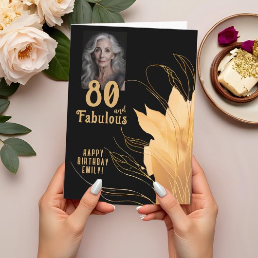 80歳の誕生日をゴージャスに! ゴールドの葉のデザイン カード