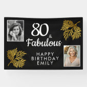 80歳の誕生日を祝うゴールドの葉の2枚の写真 横断幕 (横)