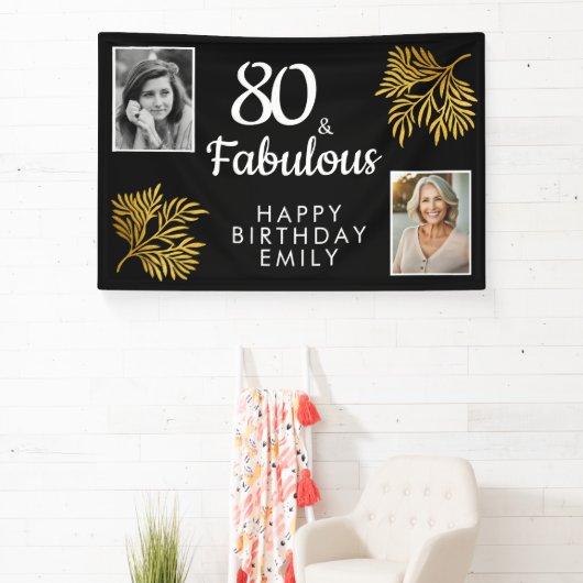 80歳の誕生日を祝うゴールドの葉の2枚の写真 横断幕 (インサイチュ)