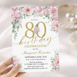 80歳の誕生日を祝うピンクとゴールドのきらめくフラワー 招待状