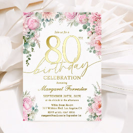 80歳の誕生日を祝うピンクの花と優雅なリアルゴールド 箔招待状