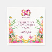 80歳の誕生日を祝う花と蝶のデザイン スタンダードカクテルナプキン (正面)