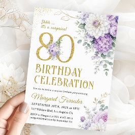 80歳の誕生日を華やかに祝うパープルゴールドラメサプライズ 招待状