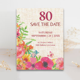 80歳の誕生日を華やかに祝う【Bold Floral Linen】の案内状 案内ポストカード