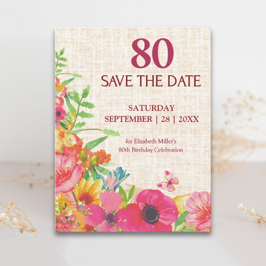 80歳の誕生日を華やかに祝う【Bold Floral Linen】の案内状 案内ポストカード