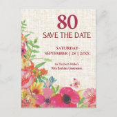 80歳の誕生日を華やかに祝う【Bold Floral Linen】の案内状 案内ポストカード (正面)