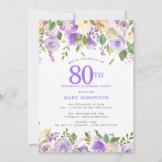 80歳の誕生日を華やかに 紫の花のデザインのサプライズパーティー 招待状 (正面)