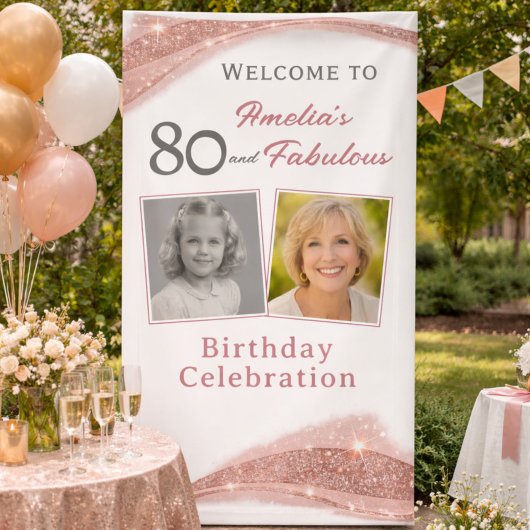 80歳の誕生日を飾るローズゴールドのウェルカム写真 横断幕