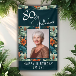 80歳の誕生日を飾る華やかな花柄のフォト 横断幕