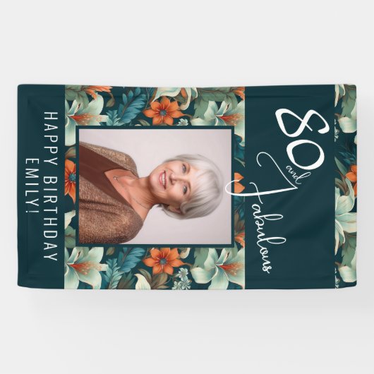 80歳の誕生日を飾る華やかな花柄の写真 横断幕 (横)