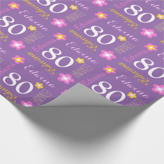 80歳の誕生日カスタムエドウィナ名パープルラップ ラッピングペーパー (角)