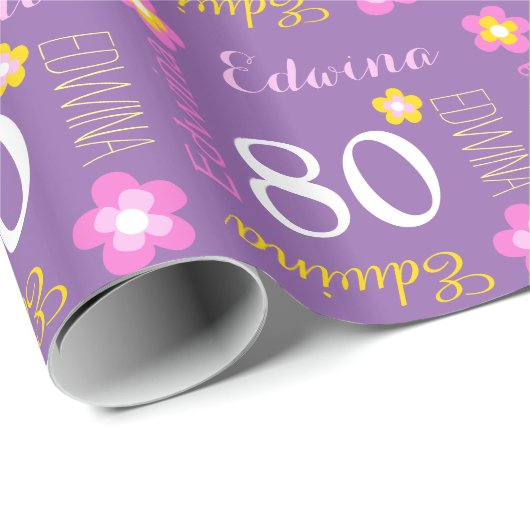 80歳の誕生日カスタムエドウィナ名パープルラップ ラッピングペーパー (ロールコーナー)