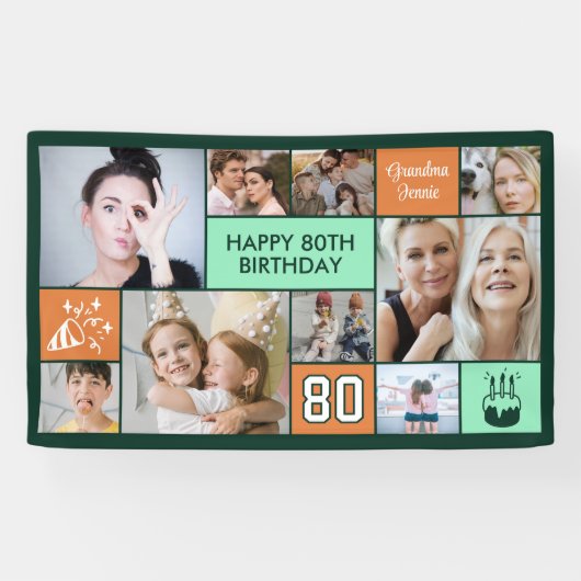80歳の誕生日カスタムフォトコラージュグリーンオレンジ 横断幕 (横)