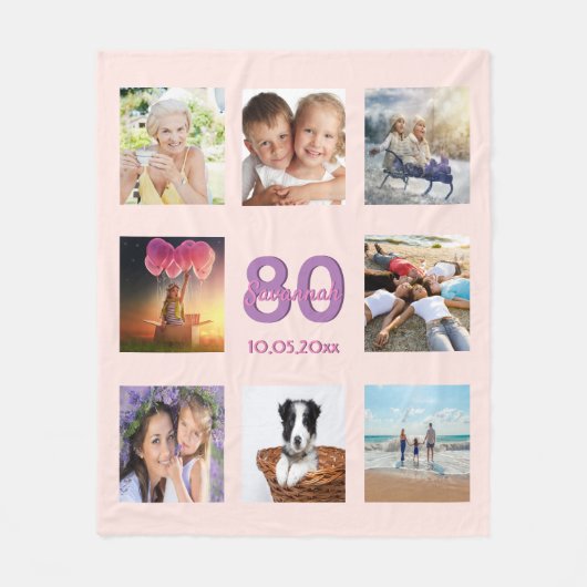 80歳の誕生日カスタム写真コラージュバラ金ゴールドピンク フリースブランケット (正面)